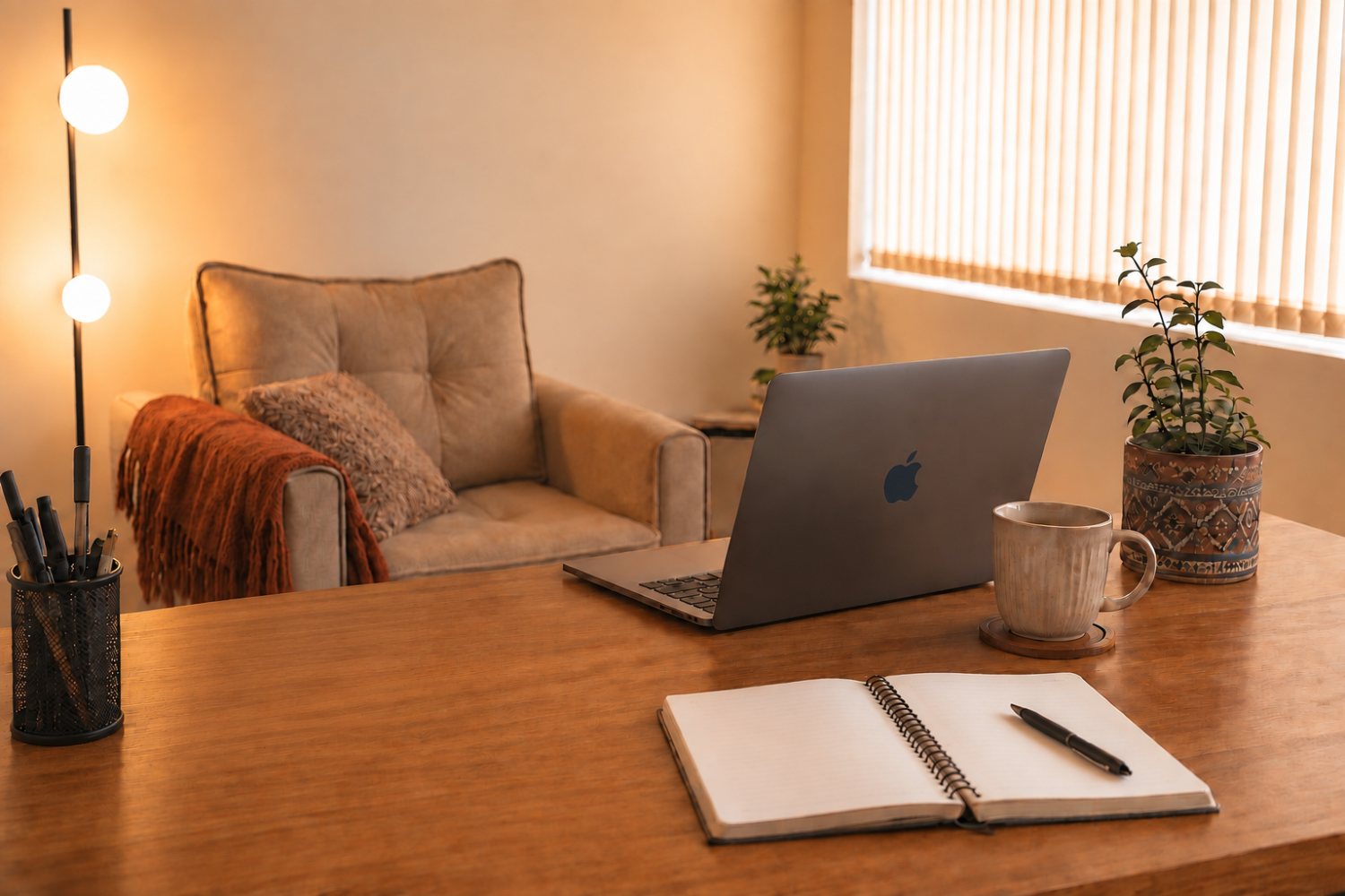 Mesa de atendimento online: notebook aberto, caderno, caneca e planta, com poltrona bege e luminária ao fundo, sob luz quente